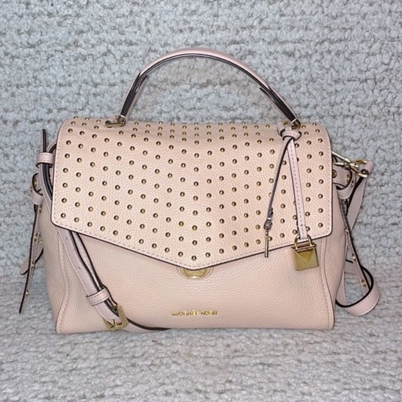 Michael Kors Bristol Studded Leather Satchel Crossbody Purse Shoulder Bag Pink - Picture 3 of 16